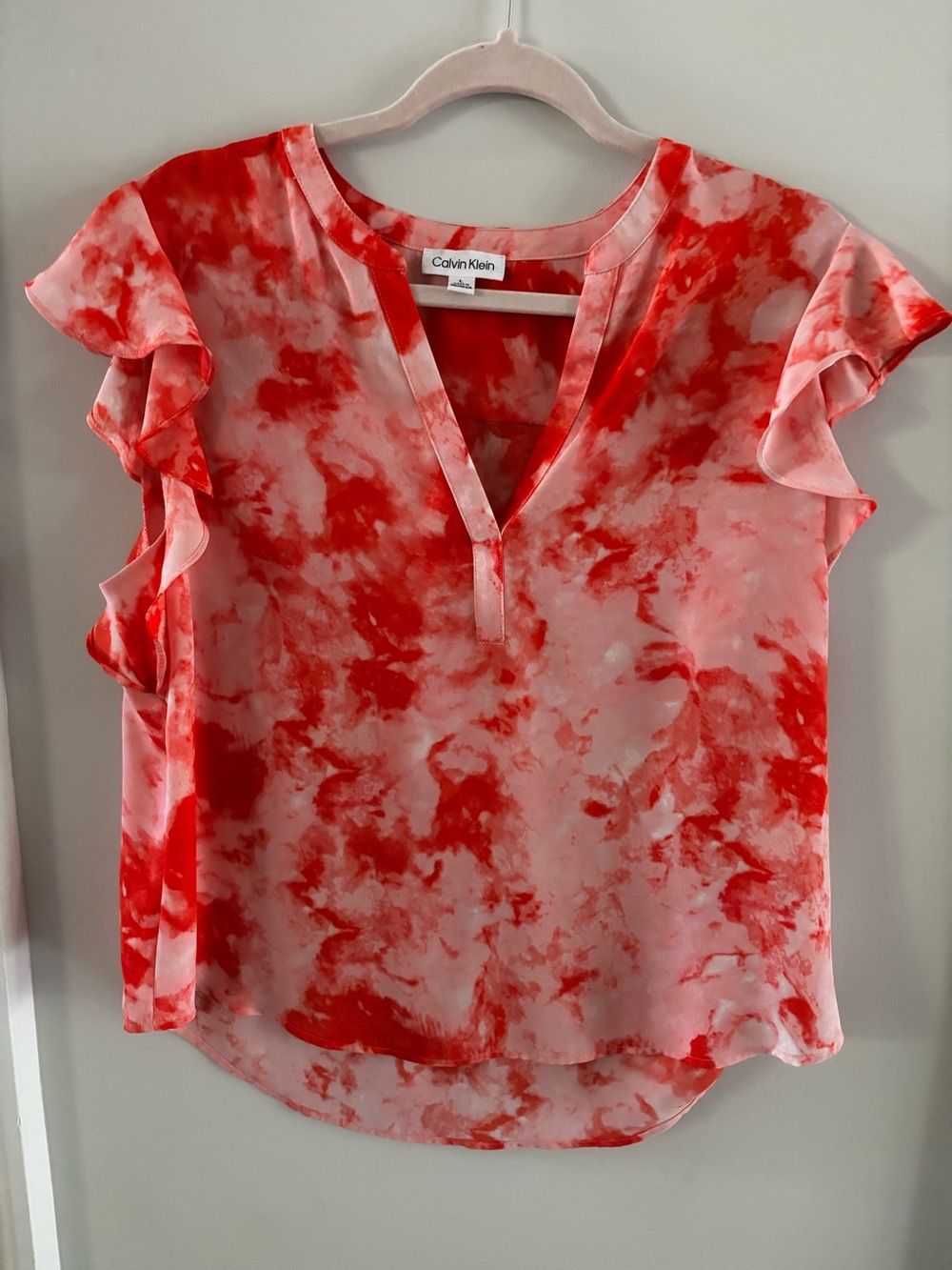 Calvin Klein Red and Pink Tie-Dye Ruffle Sleeve V-Neck Top